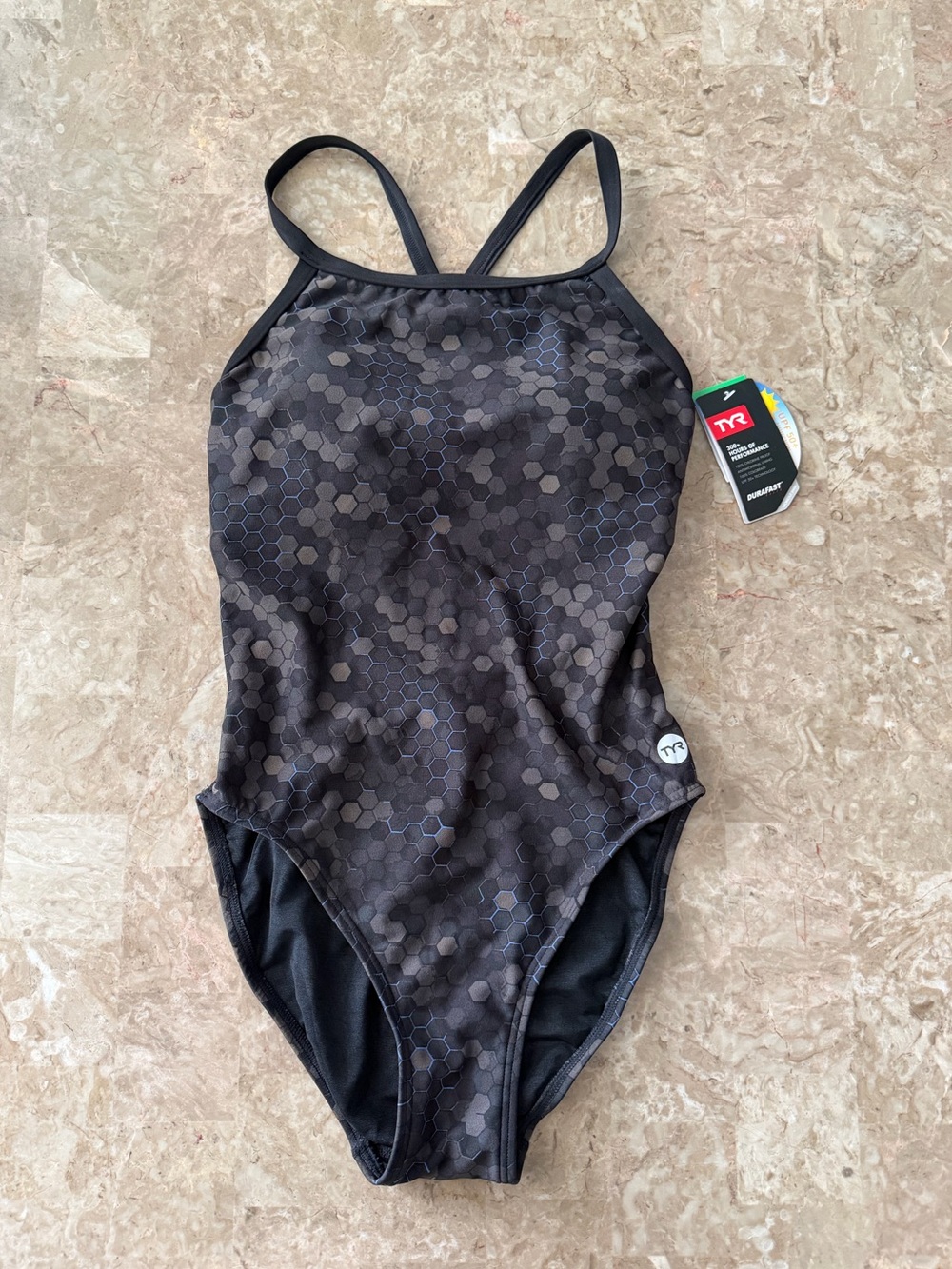 TYR Woman’s size 10 swimsuit TYR Carbon Hex Diamond Black UPF 50+, NWT